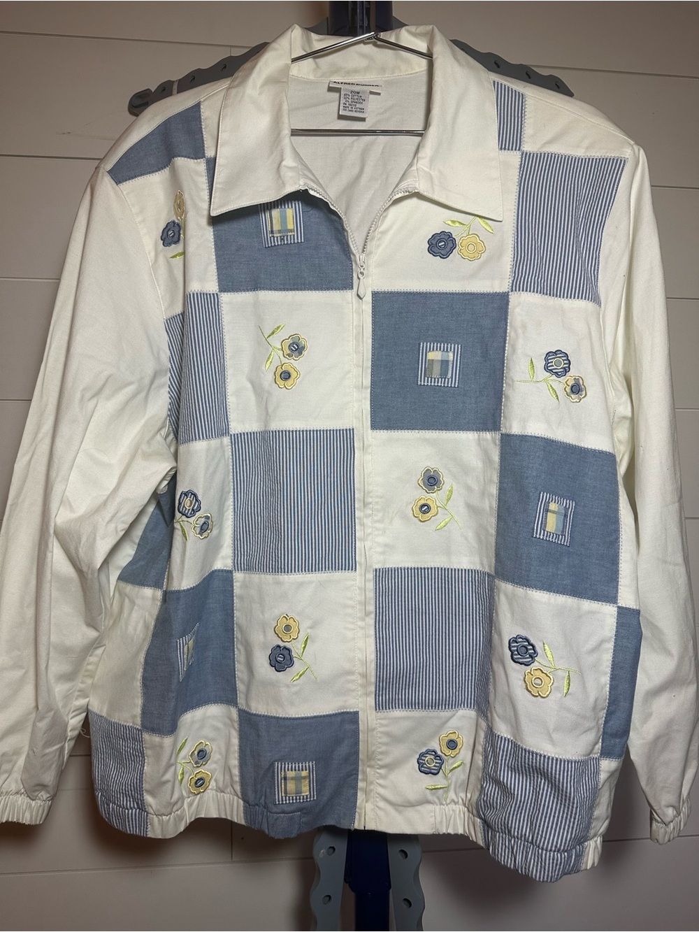 #135 Casual Patchwork Zip-Front Shirt Jacket in Cream and Blue